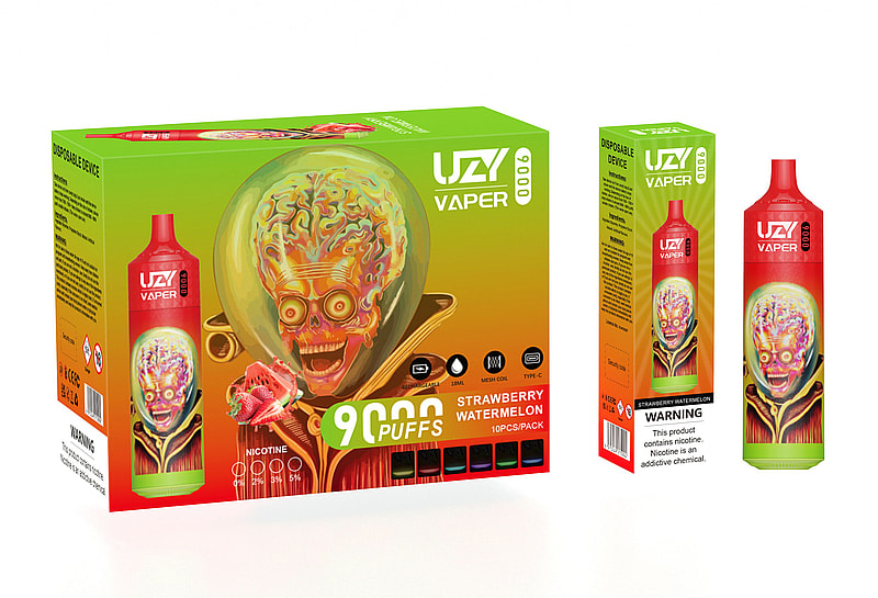 A colorful vaping product package featuring a skull with a visible brain, labeled "UZI Vaper 9000 Puffs" and flavored "Strawberry Watermelon."