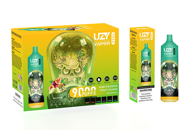 Packaging for a disposable vaping device with a "Kiwi Passion Fruit Guava" flavor. The box features a green skull design, with "9000 puffs" highlighted. Warnings about nicotine content are included on the side.