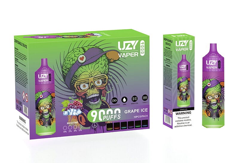 Emballage de la vape jetable UZI Vaper au goût Grape Ice, représentant un personnage de zombie coloré avec des cheveux verts, des lunettes jaunes et des écouteurs. La boîte met en avant les "9000 bouffées", les options de nicotine et les caractéristiques rechargeables avec bobine en maille et compatibilité Type-C.