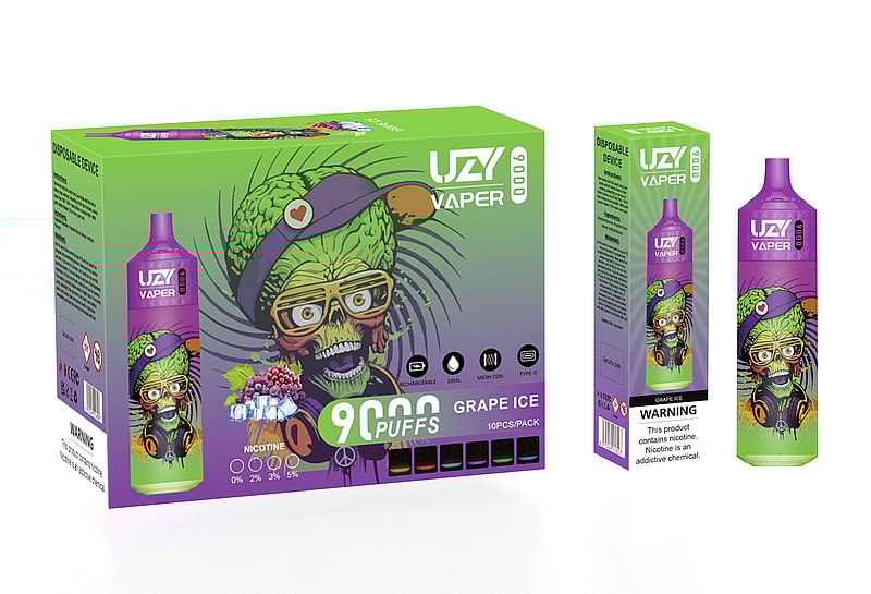 Packaging of UZI Vaper disposable vape in Grape Ice flavor, featuring a colorful cartoon zombie character with green hair, yellow glasses, and headphones. The box highlights "9000 puffs," nicotine options, and rechargeable features with mesh coil and Type-C compatibility.
