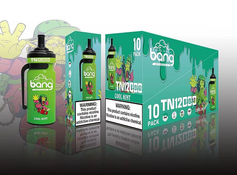 Green "Bang Disposable" vape with "Cool Mint" flavor, labeled for 12,000 puffs, shown alongside its packaging with a cartoon character and nicotine warning.