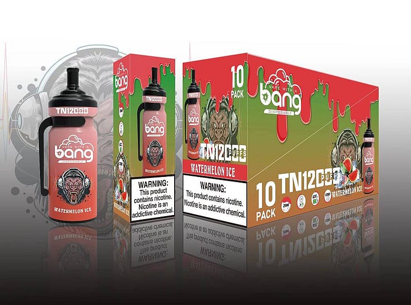 Packaging of "Bang" disposable vape with Watermelon Ice flavor, showing a vape device and boxes for single and 10-pack units, each featuring a warning about nicotine.