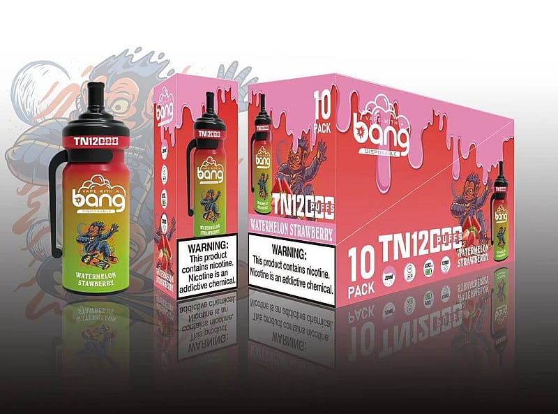 Bang disposable vape packaging featuring the Watermelon Strawberry flavor with a cartoon monkey character and a nicotine warning label.