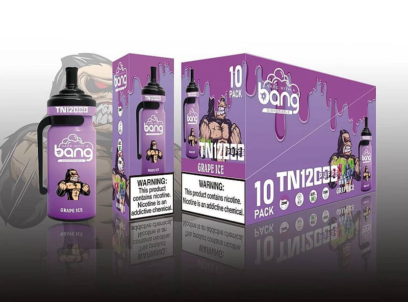 Packaging of Bang disposable vape labeled "TN12" with a flavor of "Grape Ice" in a purple color scheme, featuring an illustrated muscular character. The packaging includes a warning that the product contains nicotine, which is an addictive chemical.