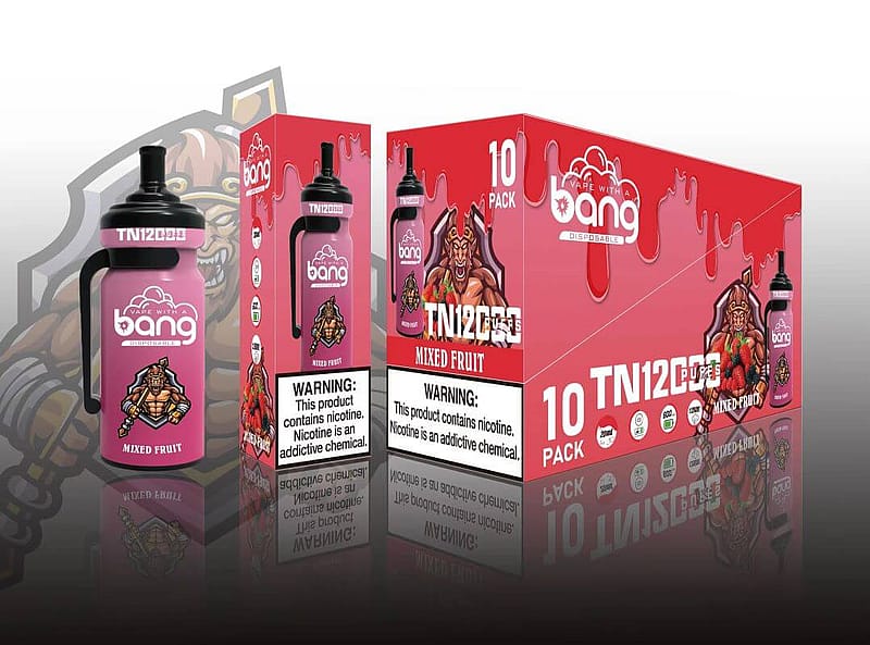 Packaging for Bang disposable vape in mixed fruit flavor, featuring a colorful warrior character graphic and warning labels about nicotine content. The image displays a single vape device, an individual box, and a larger 10-pack box.