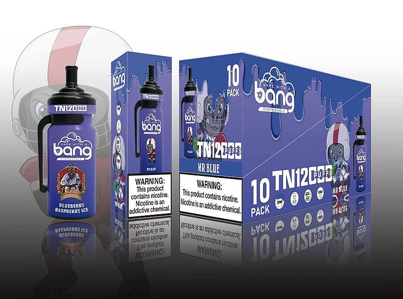 Bang disposable vape packaging featuring "Mr. Blue" flavor in blueberry raspberry ice, with a 10-pack box labeled TN12,000 puffs. A warning label indicates the product contains nicotine.