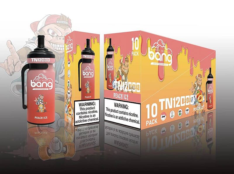 Bang disposable vape packaging for the Peach Ice flavor, featuring a cartoon character and nicotine warning labels.