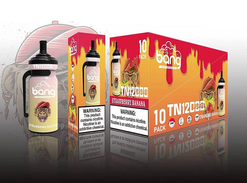 Packaging for Bang disposable vape in strawberry banana flavor, featuring a monkey with a red headband on the front. Prominent nicotine warning label stating "This product contains nicotine. Nicotine is an addictive chemical." The box contains a 10-pack with graphic depictions of the vape product.