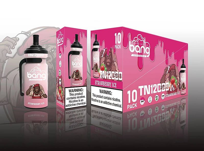 Bang disposable vape with a strawberry ice flavor, featuring a gorilla illustration on the packaging, labeled with warnings about nicotine content.