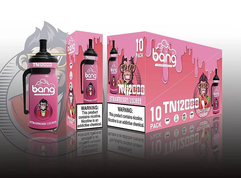 Pink packaging of "Bang Disposables" vape device featuring strawberry lychee flavor, with a cartoon character wearing sunglasses. The image includes a nicotine warning label.