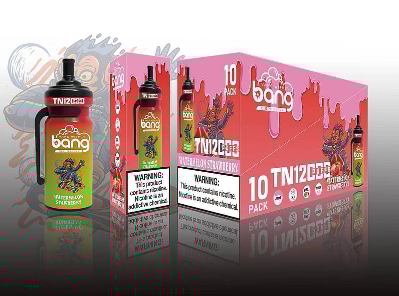 Packaging of Bang disposable vape with Watermelon Strawberry flavor, includes a large box for a 10 pack and individual units, featuring an illustration of a cartoon character, product branding, and prominent nicotine warning labels.