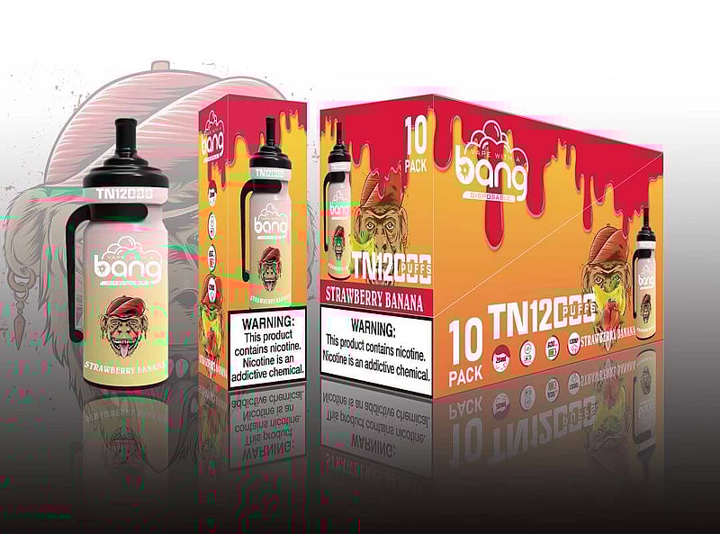 Packaging for Bang disposable vape in strawberry banana flavor, featuring a monkey with a red headband on the front. Prominent nicotine warning label stating "This product contains nicotine. Nicotine is an addictive chemical." The box contains a 10-pack with graphic depictions of the vape product.