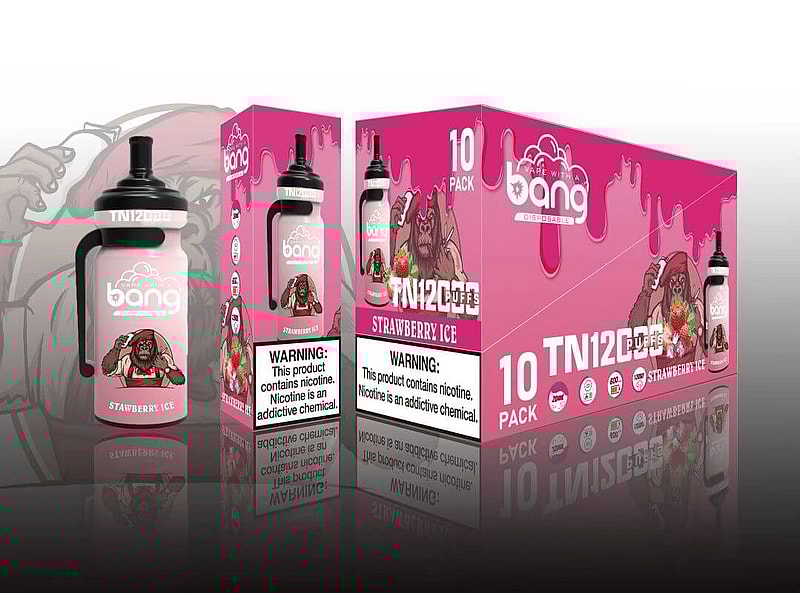 Bang disposable vape with a strawberry ice flavor, featuring a gorilla illustration on the packaging, labeled with warnings about nicotine content.