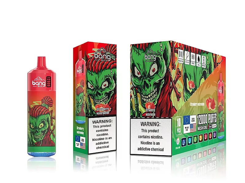 Una caja de producto para vapear con una ilustración de un zombi verde con el sabor "Sandía de fresa" y una etiqueta de advertencia sobre la adicción a la nicotina.