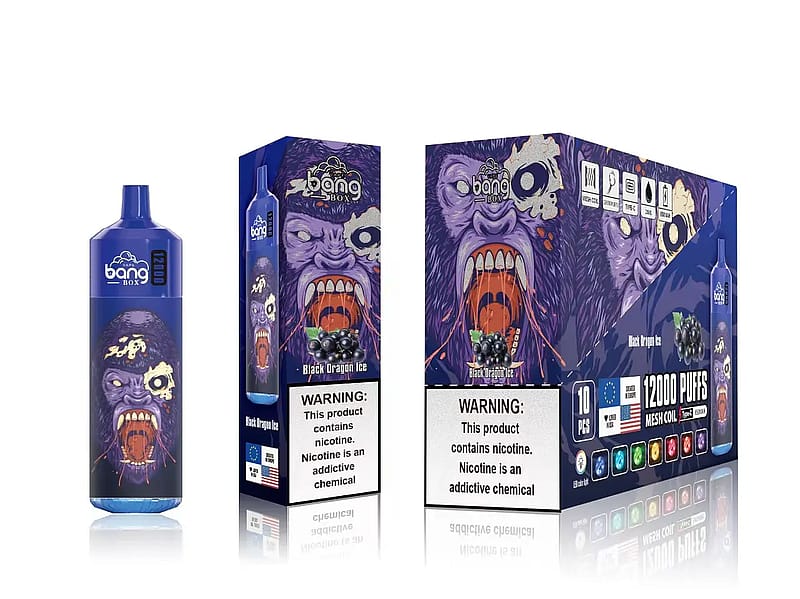 Un dispositivo de vapeo y un envase etiquetado como "Bang Box" con una ilustración de la cara de un gorila morado, enseñando dientes afilados, y el texto del sabor "Black Dragon Ice".