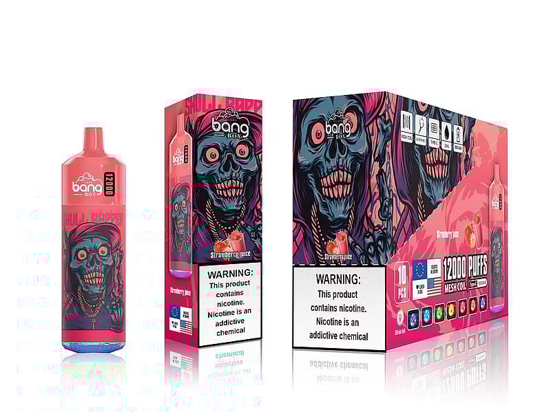 Envase para vapeo desechable Bang Box con una amenazadora calavera en forma de zombi con colores rosa y azul, con la etiqueta "Skull Ripper" y el sabor "Strawberry Juice".
