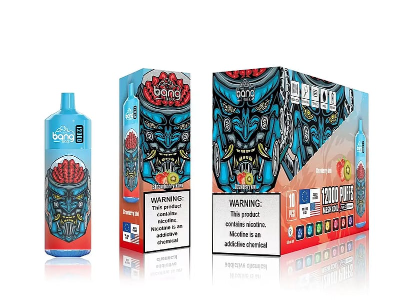 Dispositivo de vapeo desechable Bang Box en sabor Fresa Kiwi con un diseño vibrante y robótico en el envase, etiqueta de advertencia sobre la nicotina, y cuenta con 12.000 caladas.