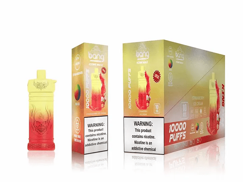 Bang engångspenna och förpackning med en gul-röd gradientdesign, med texten "10000 PUFFS" och en varningsetikett för nikotin.