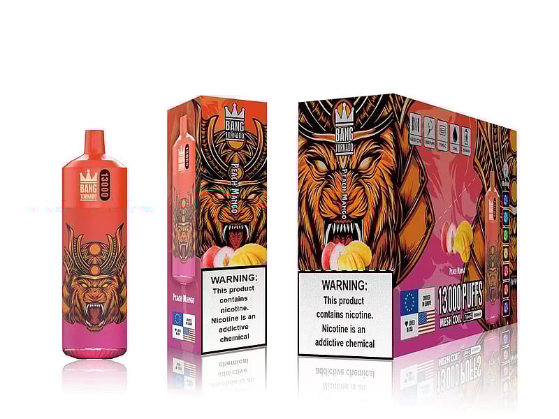 Dispositivo e box per svapare Bang Tornado Peach Mango con grafica raffigurante un feroce leone e etichette di avvertenza sul contenuto di nicotina.
