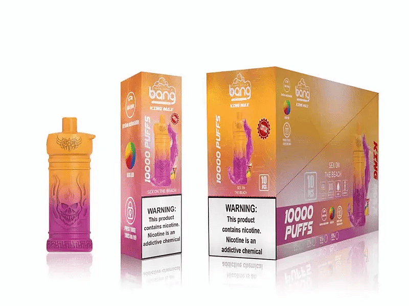 Bang Kizzle Max disposable vape device and packaging, featuring "Sex on the Beach" flavor with a gradient orange to purple design, and a warning label indicating the presence of nicotine.