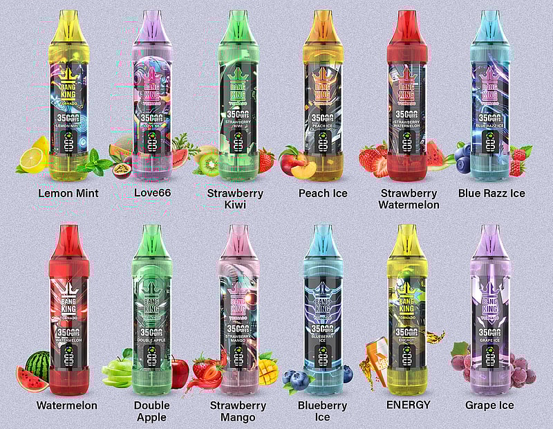 Ett sortiment av färgglada vape-enheter märkta med olika smaker inklusive Lemon Mint, Love66, Strawberry Kiwi, Peach Ice, Strawberry Watermelon, Blue Razz Ice, Watermelon, Double Apple, Strawberry Mango, Blueberry Ice, ENERGY och Grape Ice, med motsvarande fruktbilder.