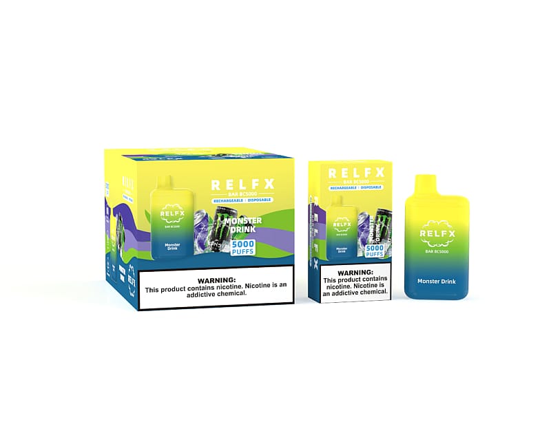 Packaging of RELFX disposable vape with "Monster Drink" flavor, featuring 5000 puffs, a rechargeable and disposable design, and a nicotine warning label at the bottom.