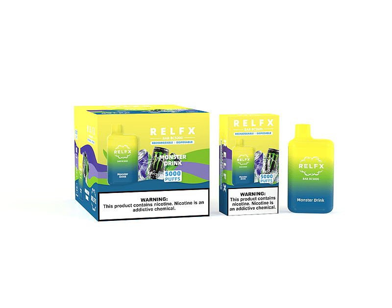 Confezione della sigaretta elettronica usa e getta RELFX con aroma "Monster Drink", con capacità di 5000 boccate, design ricaricabile e usa e getta e un'etichetta di avvertenza sulla nicotina sul fondo.