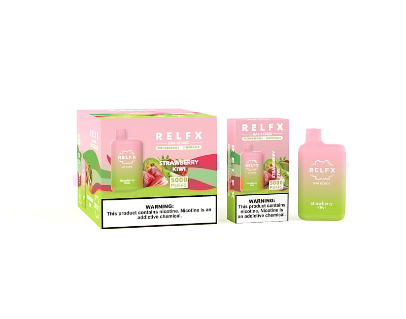 Packaging and product display of a RELFX Bar BC5000 disposable vape in Strawberry Kiwi flavor with 5000 puffs, featuring a pink and green gradient design.