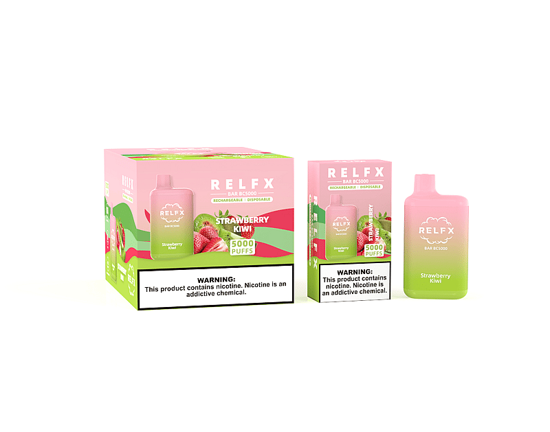 Confezione ed esposizione del prodotto di uno svapo usa e getta RELFX Bar BC5000 al gusto di fragola e kiwi con 5000 boccate, caratterizzato da un design sfumato rosa e verde.