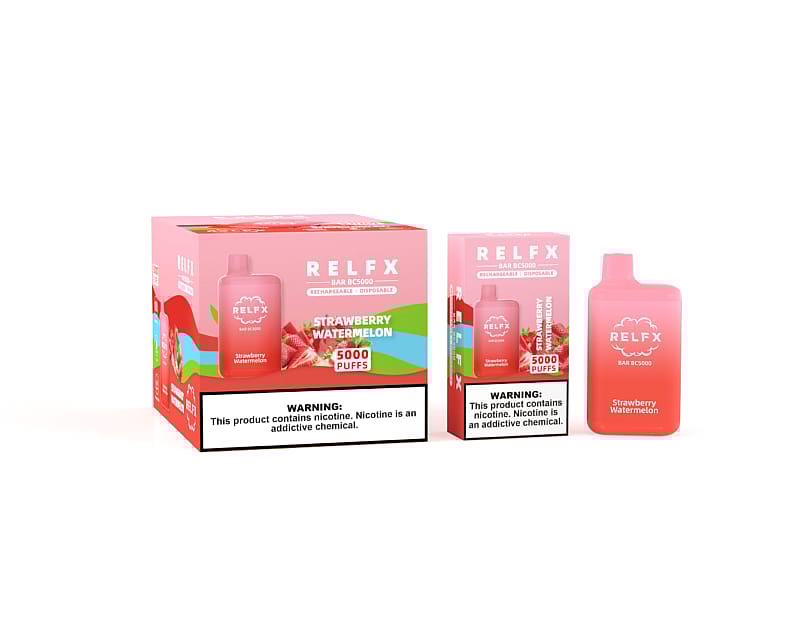 RELFX Bar BC5000 disposable vape in Strawberry Watermelon flavor with 5000 puffs, shown with its packaging.