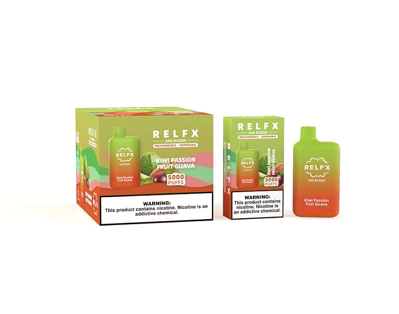 Packaging for RELFX BAR BC5000, a disposable and rechargeable vape device in "Kiwi Passion Fruit Guava" flavor, with 5000 puffs capacity. The packaging includes a health warning about nicotine addiction.
