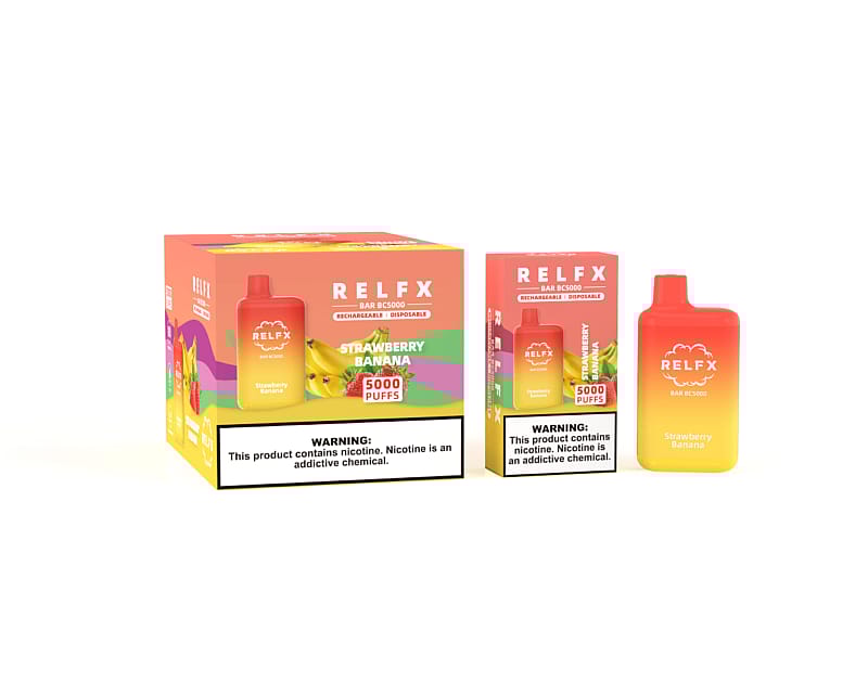 RELFX Bar BC5000 vape with Strawberry Banana flavor, featuring 5000 puffs, in a red and yellow gradient design, shown with its packaging.