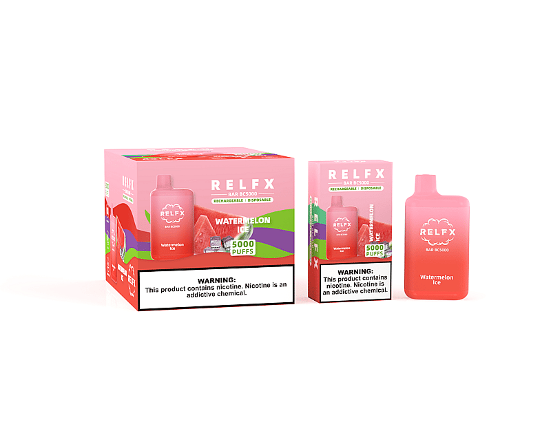 Confezione del vaporizzatore RELFX Watermelon Ice che mostra un dispositivo monouso rosa e due scatole con l'etichetta "5000 boccate" e un testo di avvertenza sulla nicotina.