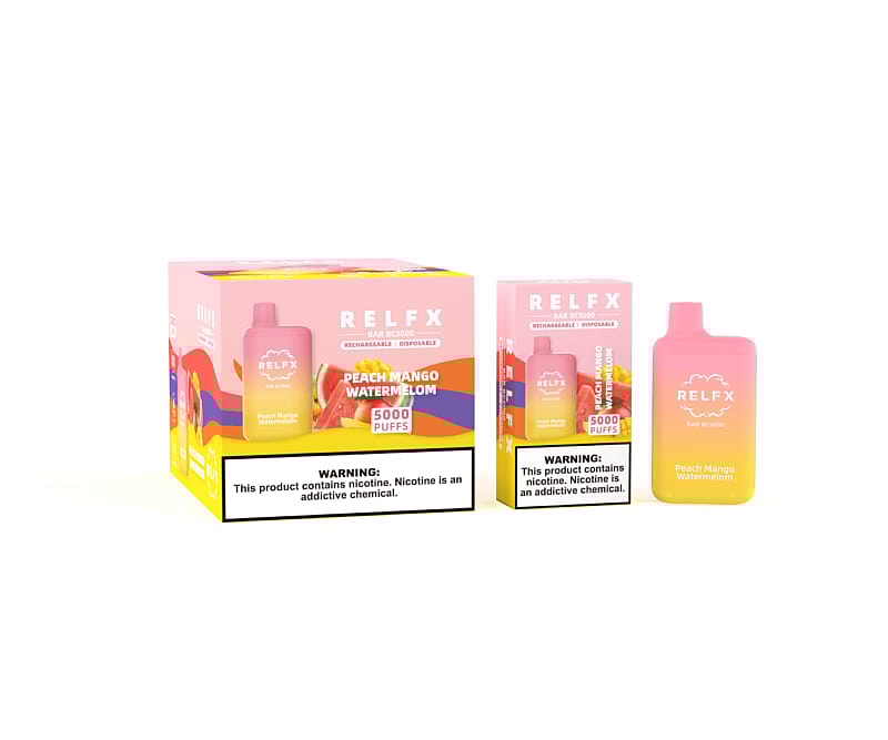 RELFX Bar BC5000 rechargeable disposable vape in Peach Mango Watermelon flavor packaging, featuring warnings about nicotine content.