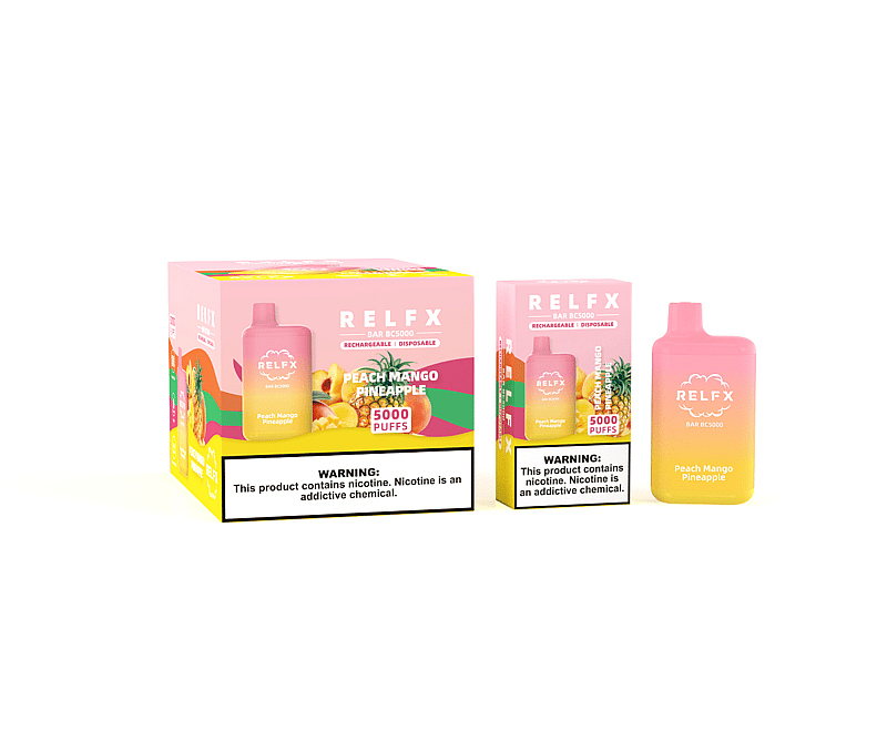 Sigaretta elettronica usa e getta RELFX al gusto di pesca, mango e ananas, 5000 boccate, ricaricabile, con etichetta di avvertenza sulla dipendenza da nicotina.