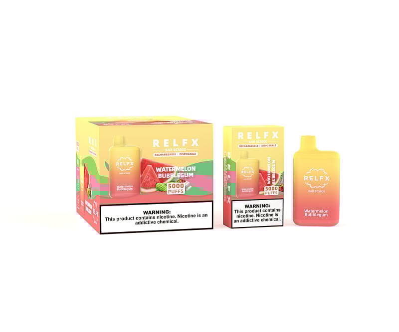 Packaging and product of RELFX Bar BC5000 Watermelon Bubblegum disposable vape, with warning labels about nicotine addiction.