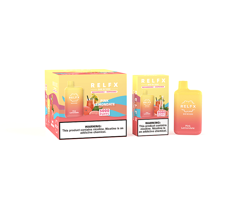 Dispositivo di svapo monouso RELFX al gusto "Pink Lemonade" con 5000 boccate, mostrato con una confezione che include un'avvertenza sulla nicotina.