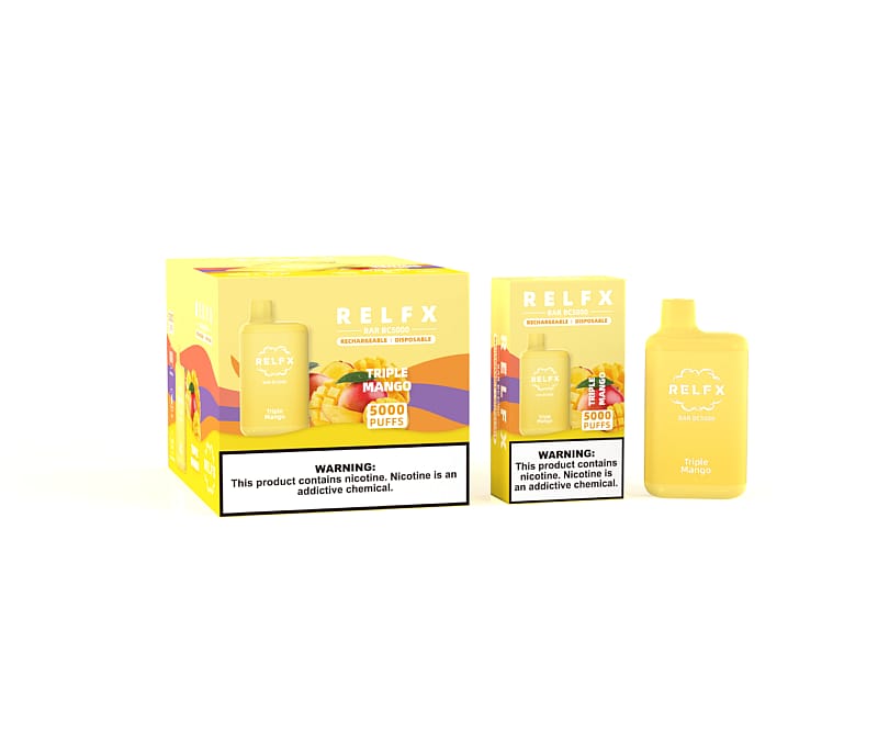 A RELFX Triple Mango vape device and its packaging, featuring a yellow rechargeable disposable vape with "5000 puffs" labeled, alongside a warning about nicotine being an addictive chemical.