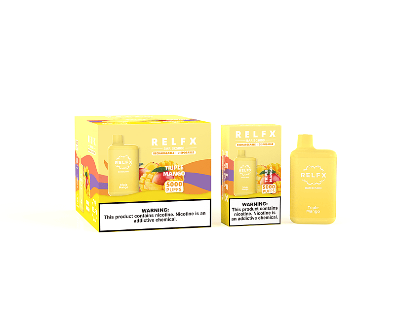 Un dispositivo per svapare RELFX Triple Mango e la sua confezione, che raffigura uno svapo monouso ricaricabile giallo con l'etichetta "5000 boccate", insieme a un avviso che la nicotina è una sostanza chimica che crea dipendenza.