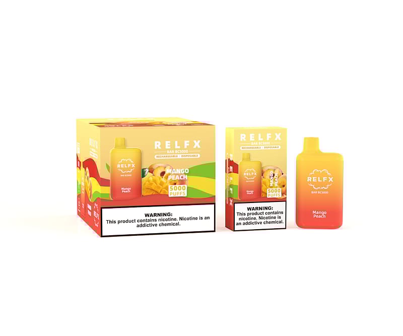 A RELFX disposable vape device and its packaging in mango peach flavor, featuring 5000 puffs and a warning label about nicotine addiction.