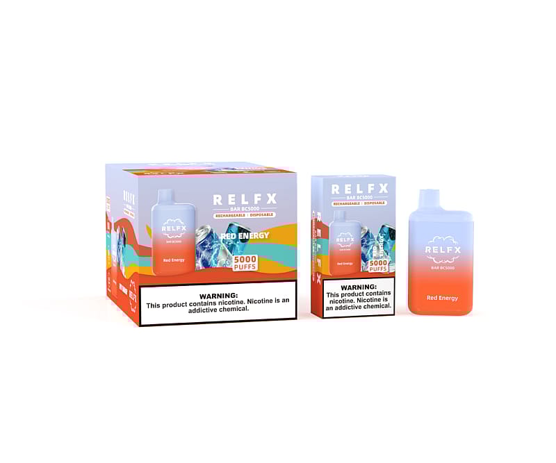 A RELFX BAR BC5000 disposable vape device and packaging labeled "Red Energy," featuring a gradient design with 5000 puffs and a nicotine warning.
