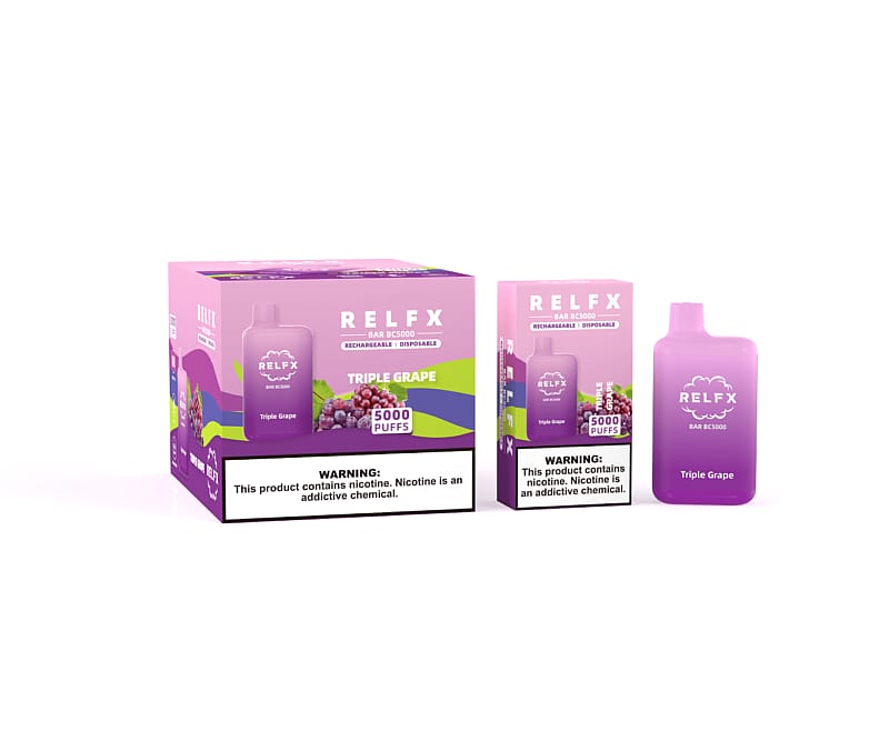 "Packaging of RELFX Bar BC5000 disposable vape in Triple Grape flavor, featuring a box and vape device with a purple gradient design and warning labels about nicotine content."