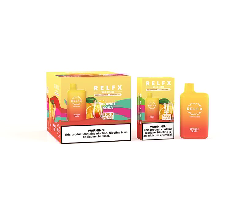 RELFX disposable vape device with "Orange Soda" flavor, labeled for 5000 puffs, featuring bright orange and yellow packaging and a nicotine warning.