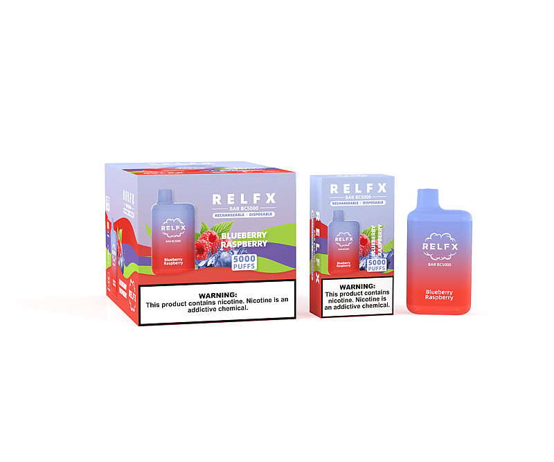Scatola, confezione e dispositivo per vaporizzatore monouso ricaricabile RELFX Bar BC5000 Blueberry Raspberry.