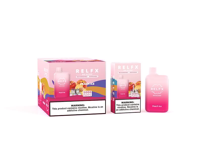 Packaging and product image of RELFX Bar BC5000 Peach Ice disposable vape with 5000 puffs, showing a pink gradient vape device alongside its box and outer packaging, all labeled with nicotine warning.