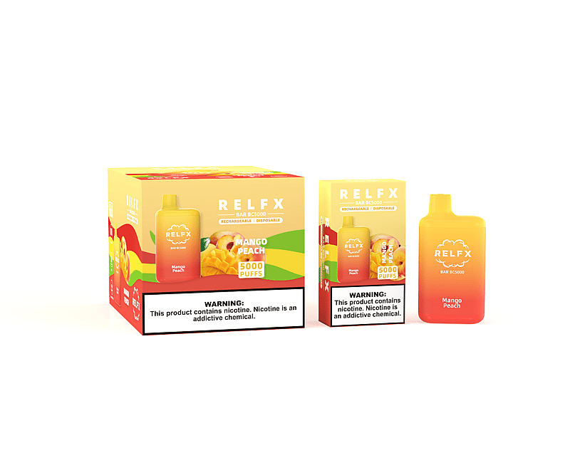A RELFX disposable vape device and its packaging in mango peach flavor, featuring 5000 puffs and a warning label about nicotine addiction.