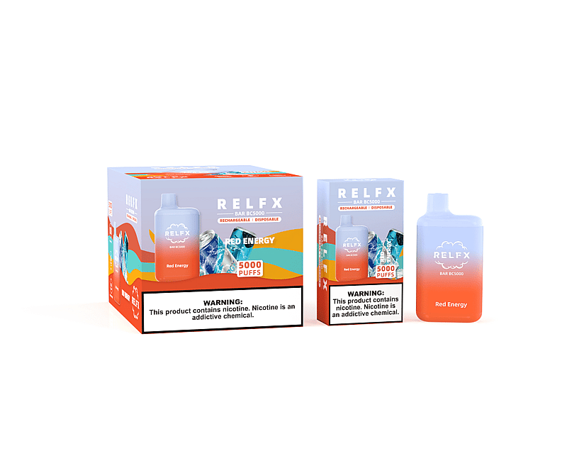 A RELFX BAR BC5000 disposable vape device and packaging labeled "Red Energy," featuring a gradient design with 5000 puffs and a nicotine warning.