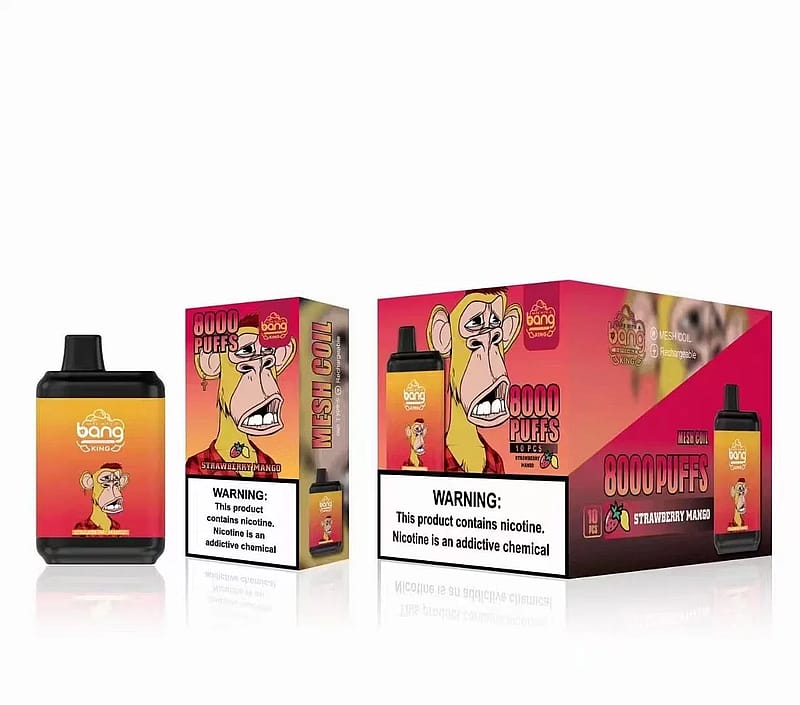 Bang King engångsvapebox och produkt som visar en tecknad apa, 8000 puffar, jordgubbsmangosmak, med nikotinvarningsetikett.