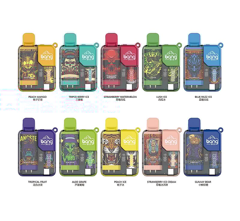 Ein Display mit 10 Bang Box Vape-Geräten in verschiedenen Farben, die jeweils mit einer anderen Geschmacksrichtung wie Peach Mango, Tripe Berry Ice und Blue Razz Ice beschriftet sind, mit detaillierten Illustrationen auf der Verpackung.