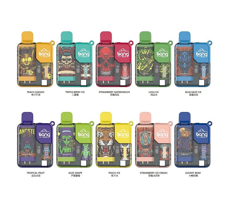A display of 10 Bang Box vape devices in various colors, each labeled with a different flavor such as Peach Mango, Tripe Berry Ice, and Blue Razz Ice, with detailed artwork on the packaging.